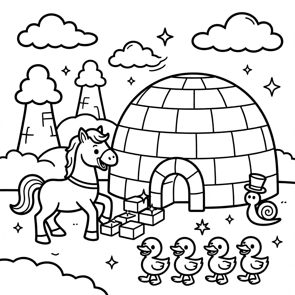 A starry-eyed carousel horse come to life is building an igloo fort with sparkling snow bricks in a cloud kingdom with fluffy white towers, joined by a snail wearing a tiny top hat and a family of ducklings waddling in a neat line. The whole crew is grinning from ear to ear.