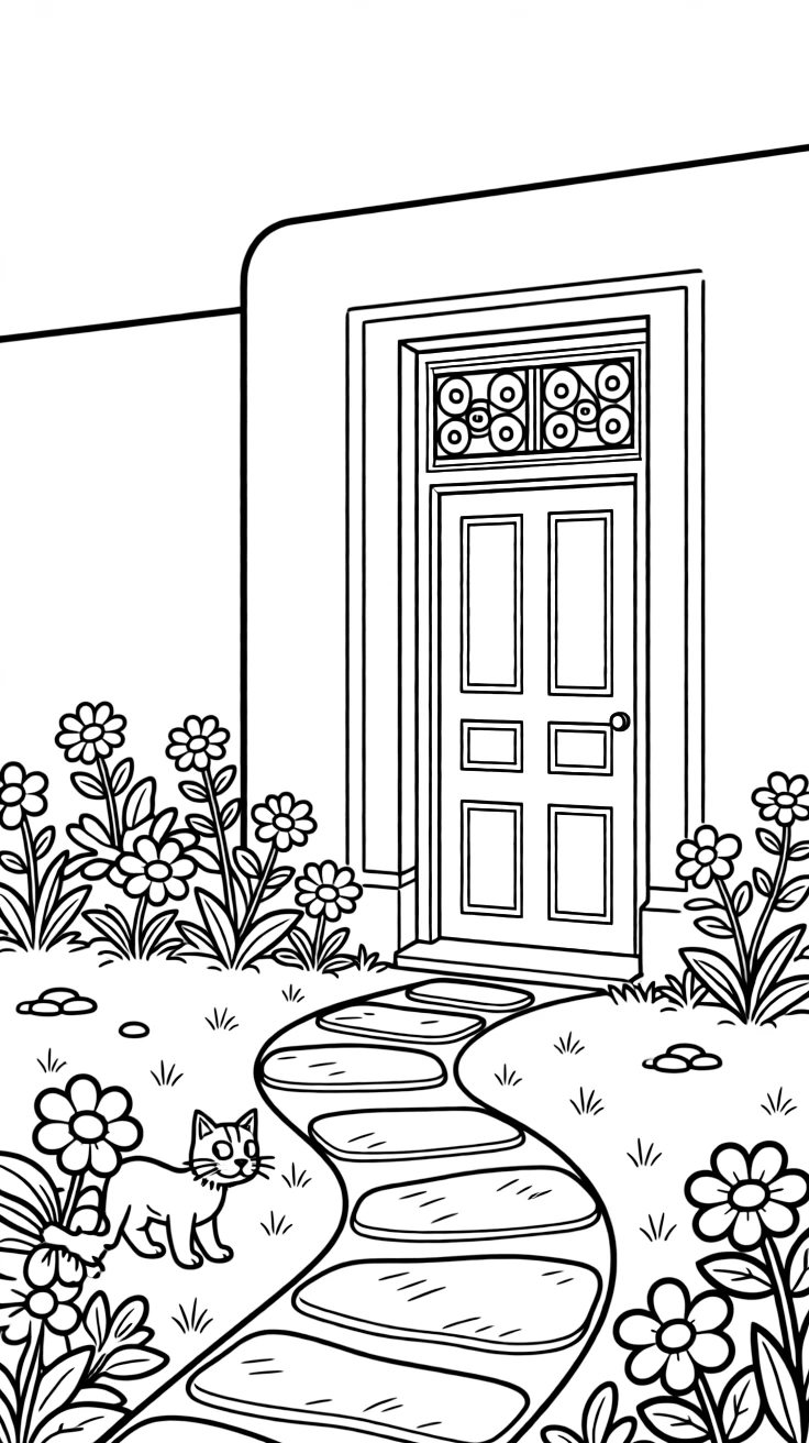 A coloring page of a charming home scene in Tunisia showing a whitewashed house with a bright blue door and iron grillwork, with a garden path, a small pet, and flowers growing along the walls.
