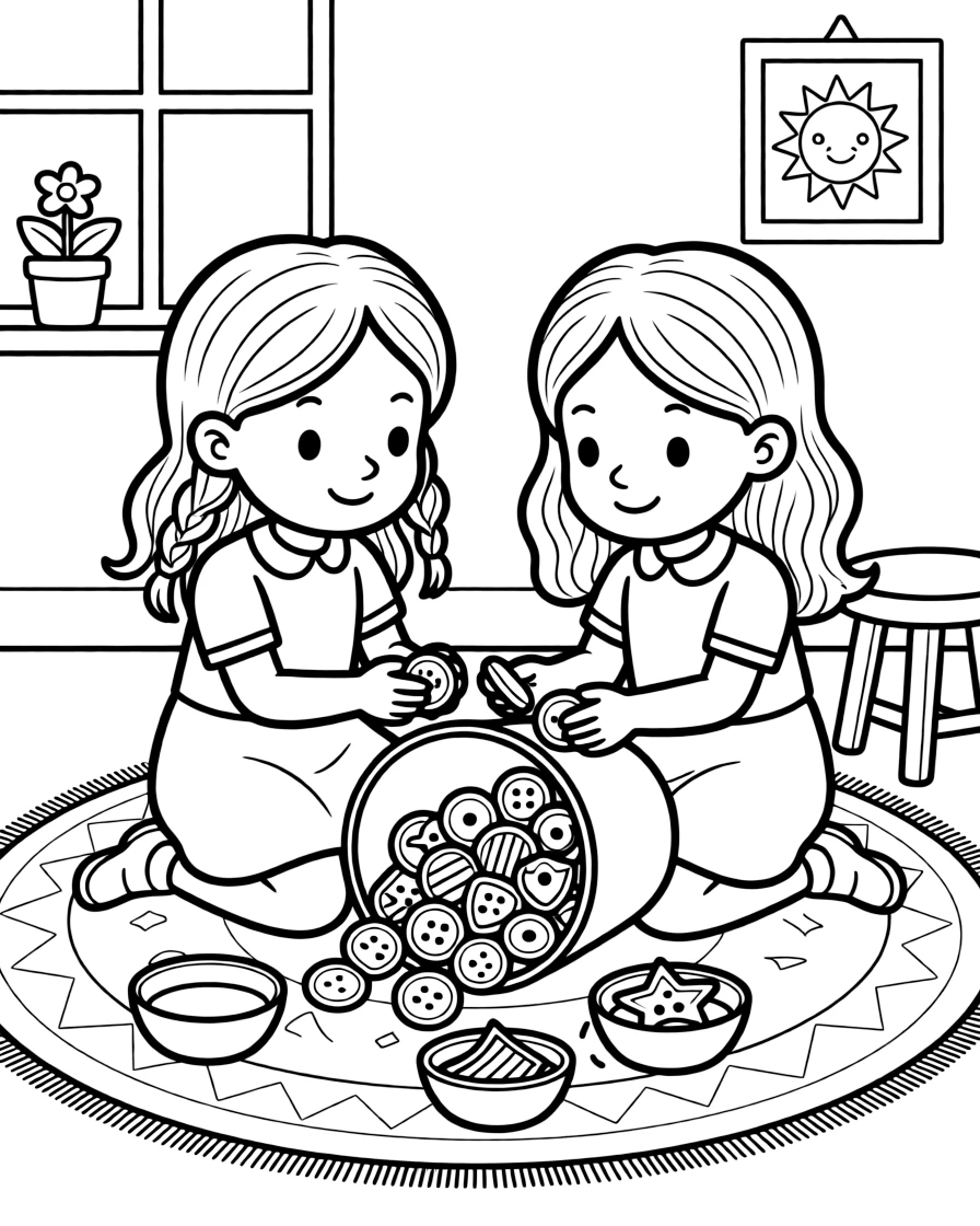 mischievous twin sisters sort a bucket of buttons by shape into circles, squares, and stars.