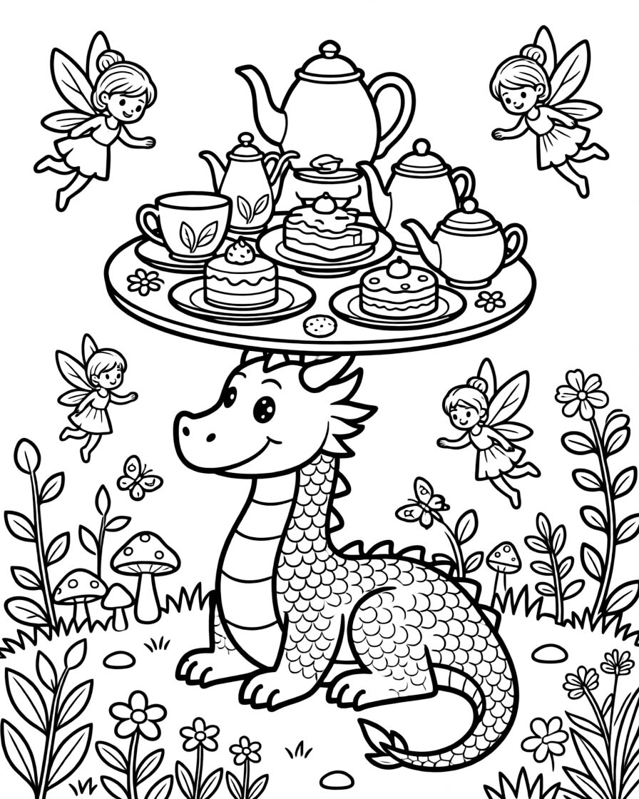 A dragon carefully balances an entire tea set on its back for a whimsical garden party hosted by woodland fairies.