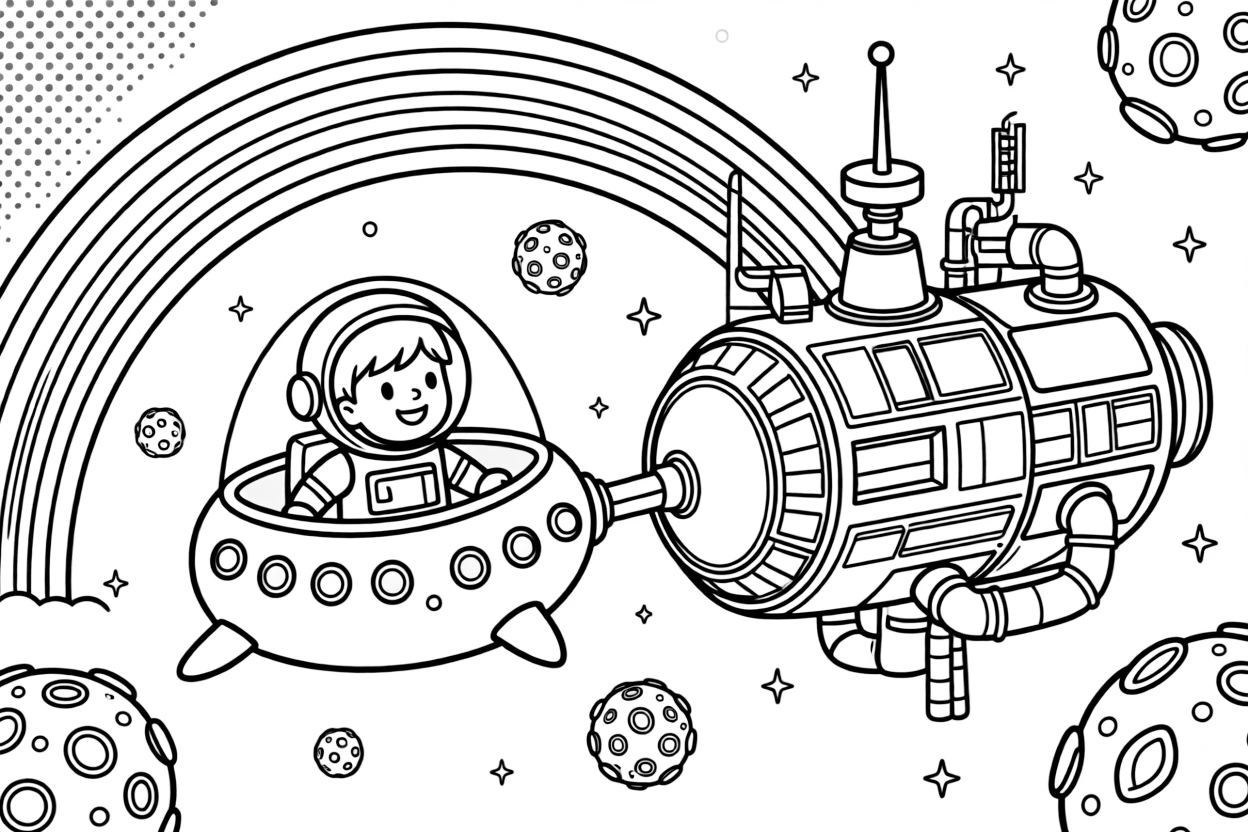[Spaceships] A dynamic scene shows a small one-person space pod docking with a space station beside a glowing space station, laughing joyfully. Close by, asteroids tumble slowly through space. Tiny portholes line the ship's hull. The moment unfolds on a foggy morning, with a rainbow arching overhead, filled with energetic detail perfect for a young colorist.