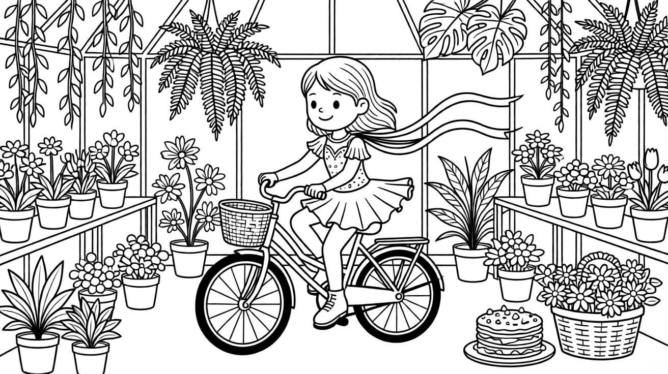 A girl figure skater in a sparkly costume is riding a bicycle decorated with streamers on the handlebars inside a greenhouse overflowing with blooming plants. Close by, a stack of freshly baked pastries and a basket brimming with fresh flowers make the scene feel magical.