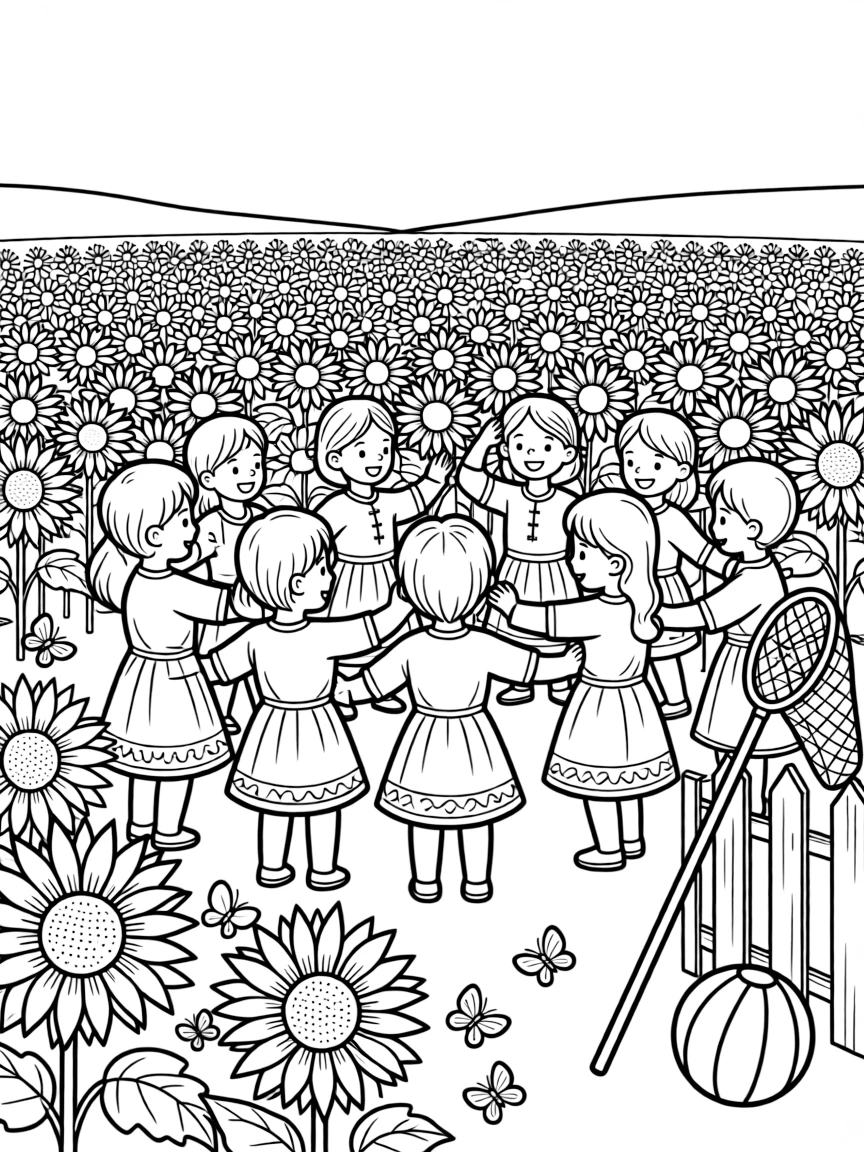 A close-up of a group performing a traditional welcome dance in a sunflower field stretching toward the horizon, surrounded by a butterfly net leaning on a fence and a striped beach ball.