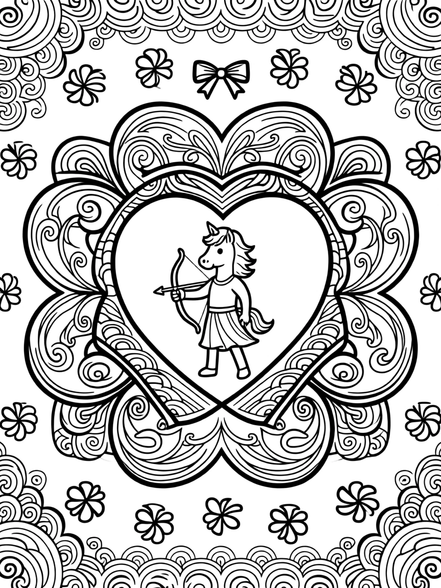 Mythical & Fantasy Creatures: The main subject is a centaur standing proudly with a bow in hand, drawn as the focal point of a heart-shaped mandala framed by soft curling loops. It is set at the core of the page, with the pattern unfolding outward in eight matching symmetrical segments. Decorative details fill the surrounding space, including swirling vine tendrils, rows of curling wave shapes, and pinwheel blades spinning in place woven throughout the background. A playful extra touch completes the page: a small ribbon bow tied neatly at the top of the design.