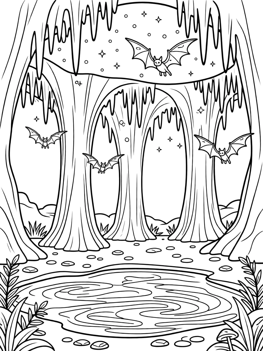 [Mystical Caves] A family of glowworms lights up the ceiling of a quiet underground cavern. A family of bats swoops gracefully around a cluster of towering stalactites. Towering stalactites and stalagmites form natural archways throughout the glittering cavern. Shimmering light reflects off the underground pool, filling the cave with sparkle.