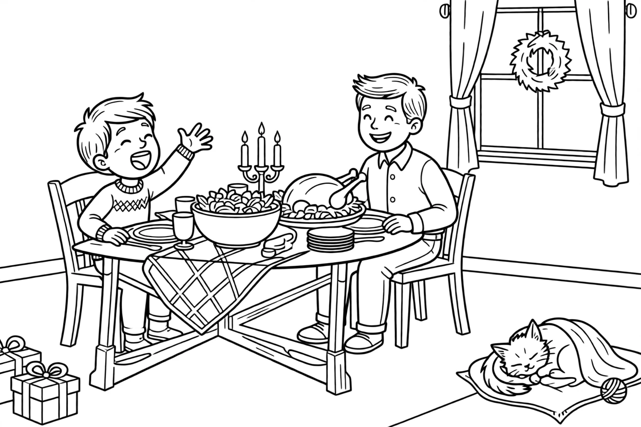 A talkative boy singing around a table during a holiday dinner with a big brother while a kitten naps in a sunny spot.