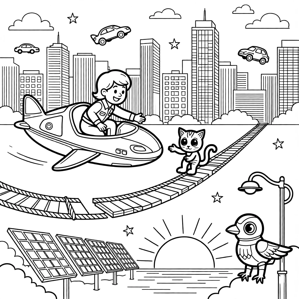 Pilot Stardust zooming along on a hovercar rescuing a stranded alien kitten from a crumbling rope bridge, in a bustling futuristic city with towering glass skyscrapers and flying cars, with a row of solar panels catching the sunset and a robotic bird perched on a lamp post nearby.