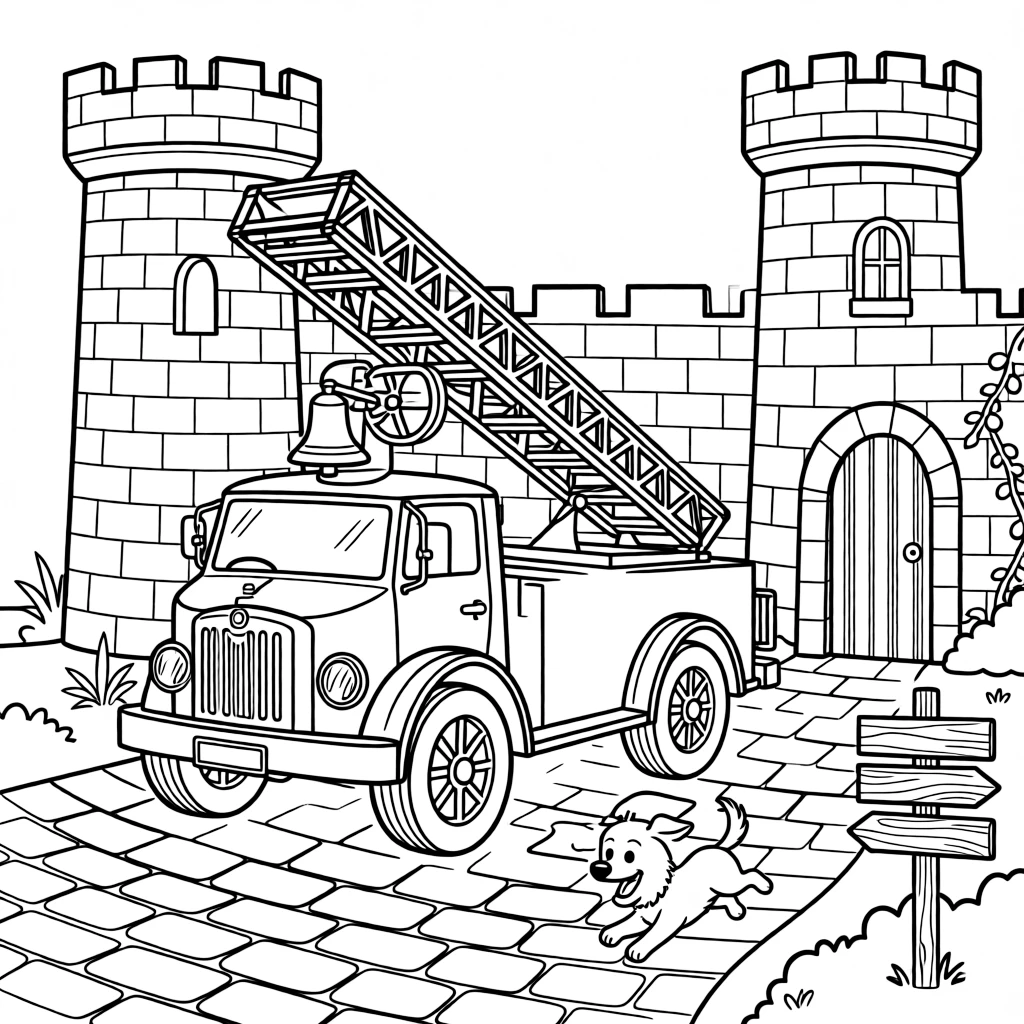 This page centers on an antique fire engine with a hand-cranked bell and ladder exploring an old stone castle courtyard with tall towers, featuring an excited puppy chasing along the road and little extras like an old wooden signpost pointing to faraway towns and an old wooden signpost pointing to faraway towns.