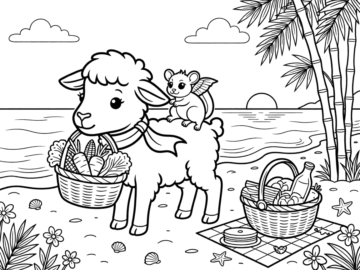 A lamb carrying a basket of vegetables with a sugar glider on a tropical beach at sunset, near a tall bamboo grove, with a picnic basket full of treats nearby.