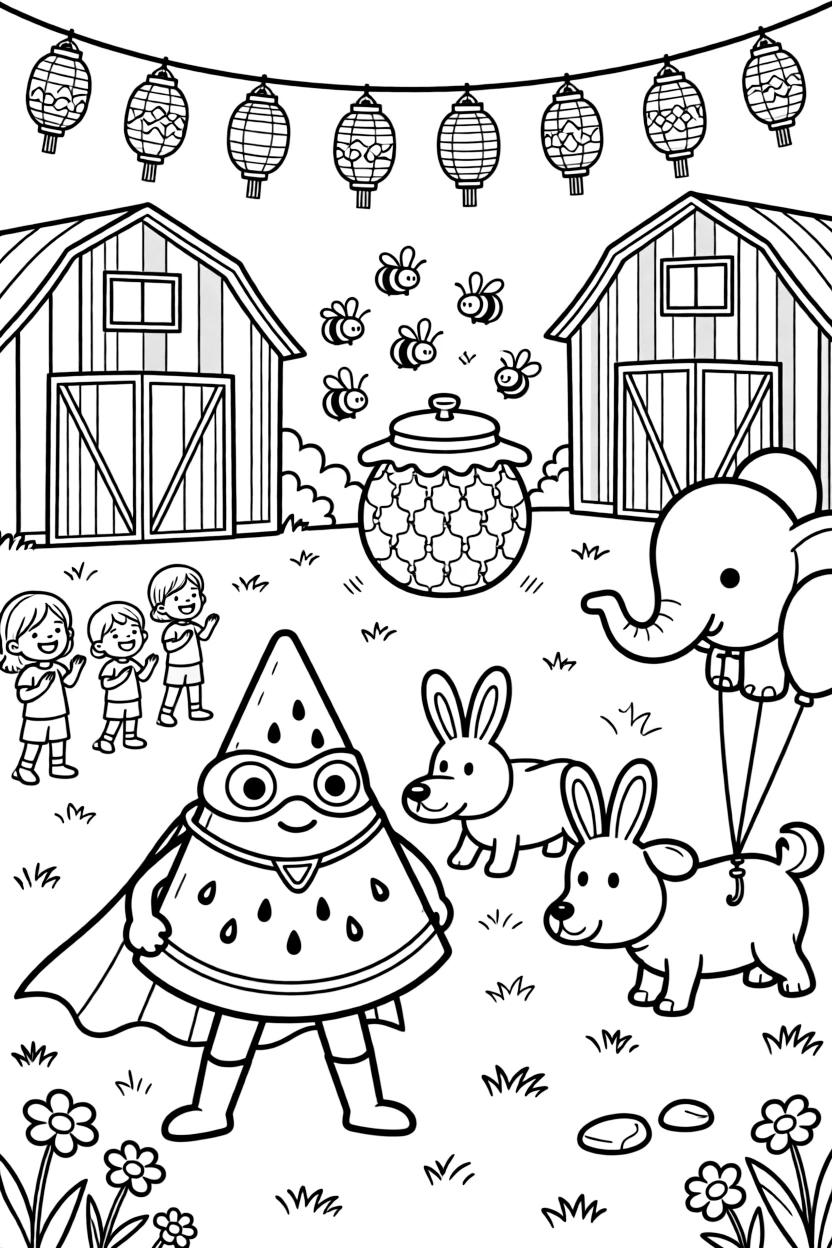 On a farm with rainbow-striped barns, a bold watermelon slice superhero is busy leading a parade of floating balloon animals, cheered on by a string of lanterns swaying gently overhead and a swarm of bees buzzing around a honey jar. Giggles echo happily through the whole valley.