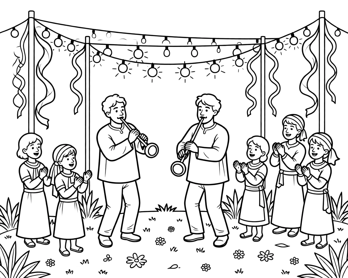 A coloring page of a lively performance in Tunisia featuring musicians playing a mizwad bagpipe at a lively celebration, decorated with ribbons, streamers, and twinkling string lights overhead.