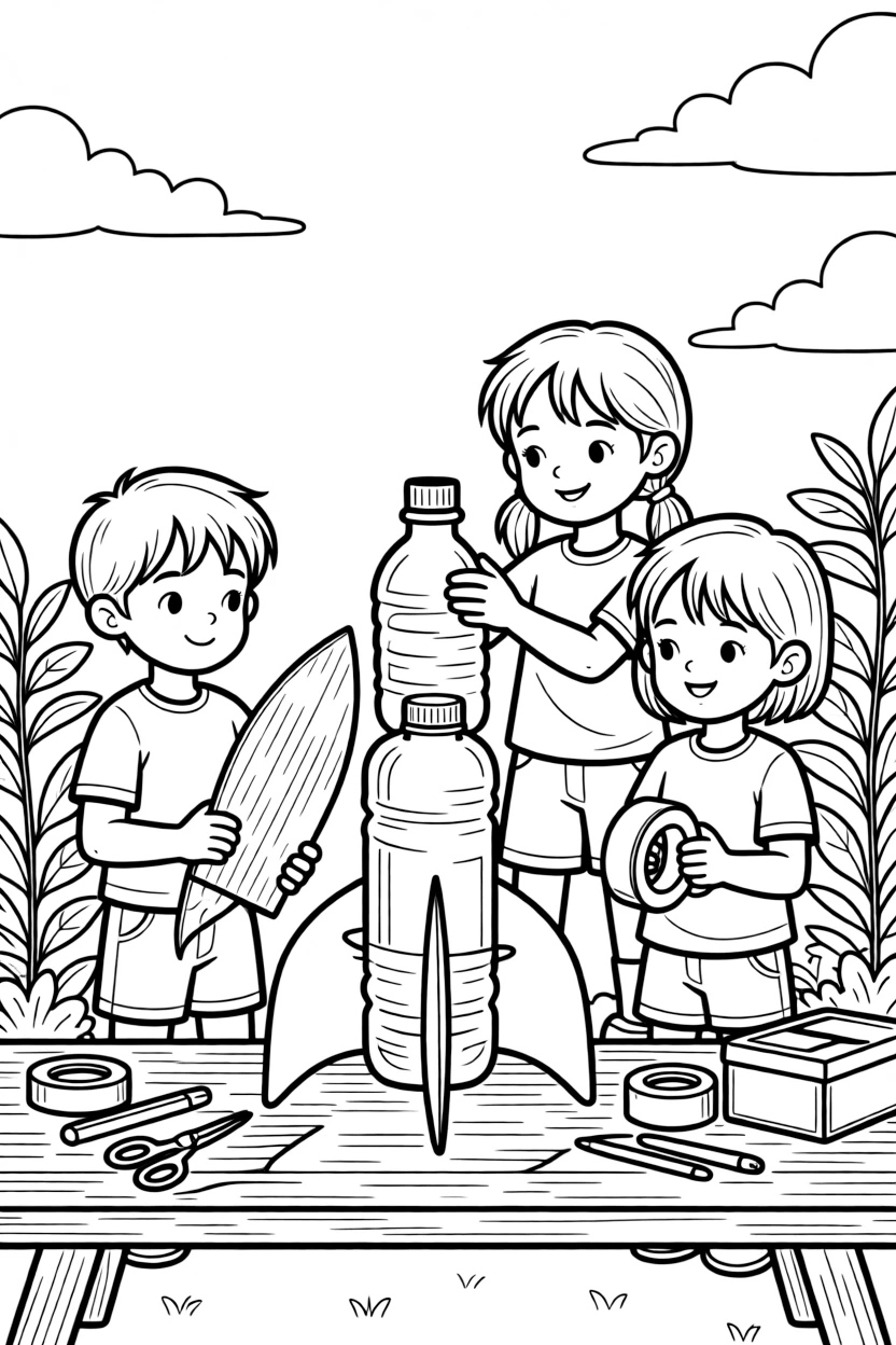 a gentle group of three kids builds a rocket out of recycled bottles and cardboard fins for a launch.
