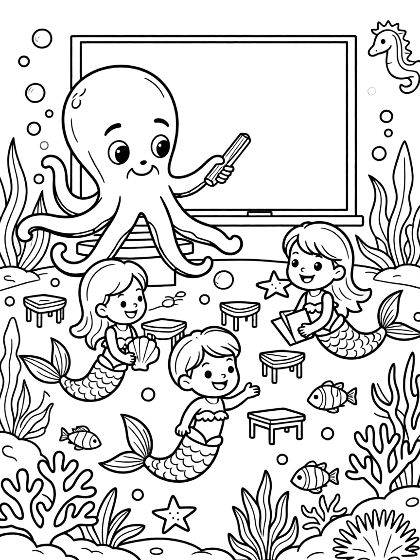 A merfolk school field trip explores a coral reef classroom, a wise old octopus serving as their teacher.