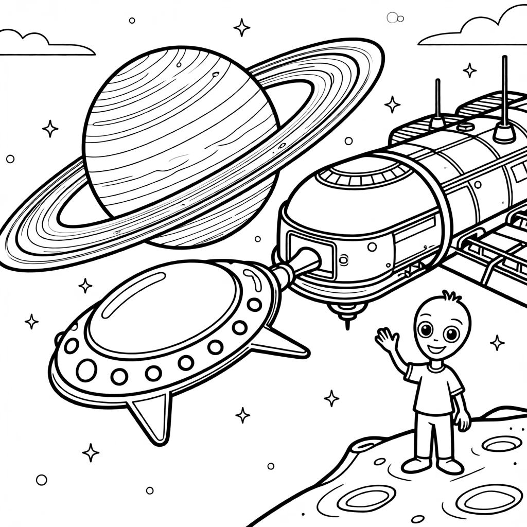 [Spaceships] A dynamic scene shows a small one-person space pod docking with a space station near a ringed gas giant, letting out a triumphant roar. Close by, a friendly alien waves from a crater. Tiny portholes line the ship's hull. The moment unfolds at high noon, under clear blue skies, filled with energetic detail perfect for a young colorist.