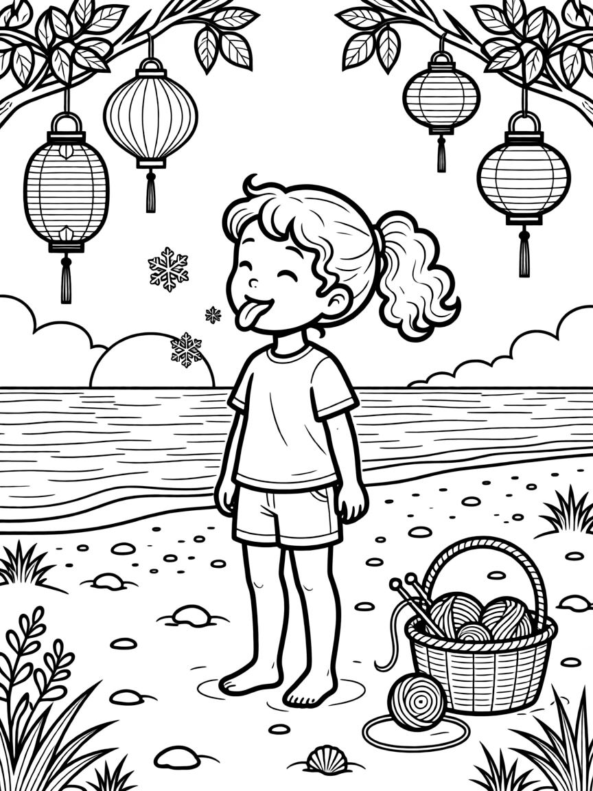 A girl with curly hair tied in a ponytail is catching snowflakes on an outstretched tongue on a sandy beach at golden sunset. paper lanterns hanging from low branches and a basket of yarn and knitting needles nearby fill the page with charm.