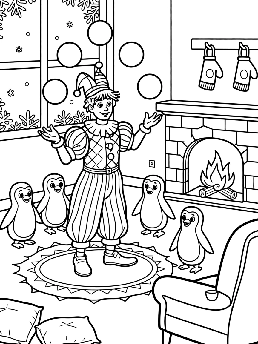 A jester juggling colorful balls at a parade in a warmly lit living room with frost on the windows, with a trio of playful penguins and a pair of mittens drying by the fire nearby.