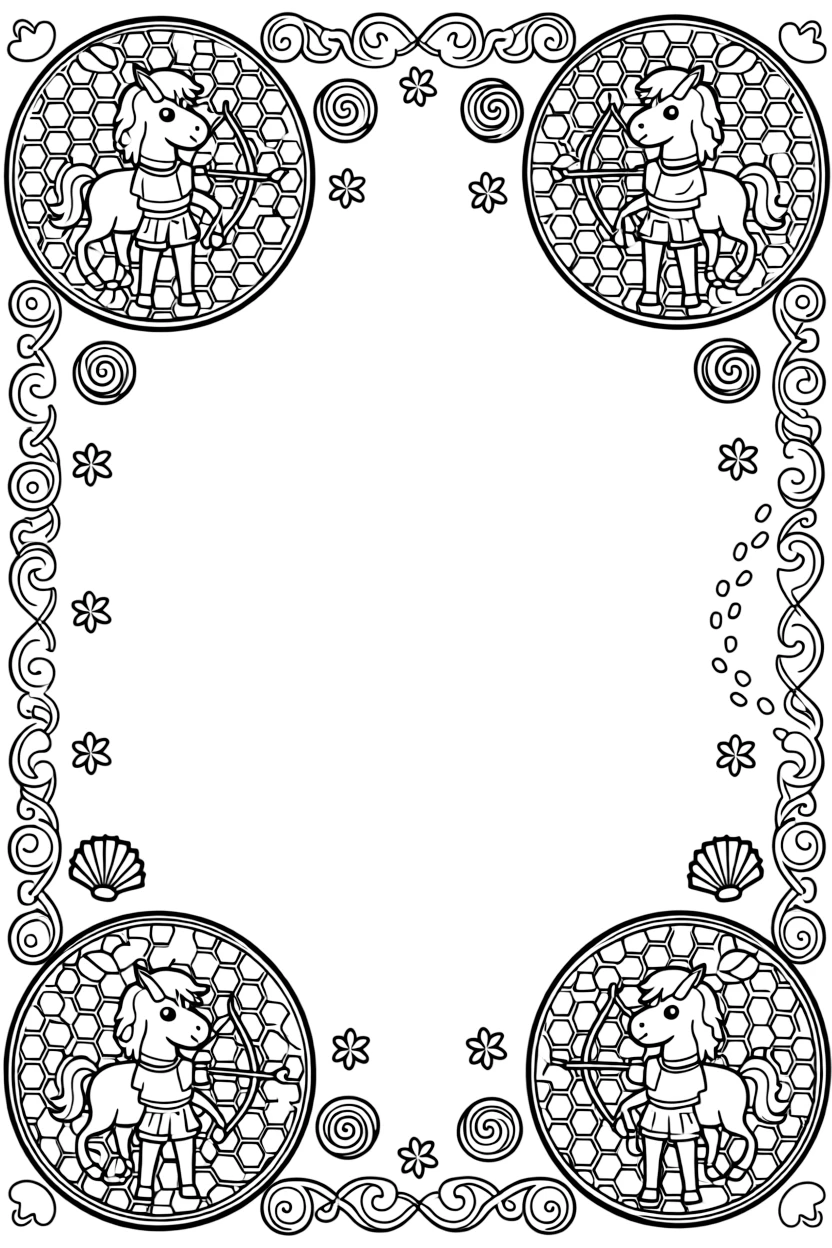 Mythical & Fantasy Creatures: The page centers on a repeating motif of a centaur standing proudly with a bow in hand, built around a honeycomb mandala tiled from small hexagon cells. The motif is placed at each of the four corners in matching pairs, connected by a looping border pattern around the edge. Decorative details fill the surrounding space, including tightly coiled spiral shells, fan-shaped feather clusters, and tiny pinwheel stars woven throughout the background. A playful extra touch completes the page: a few tiny footprints trailing off toward one edge of the page.