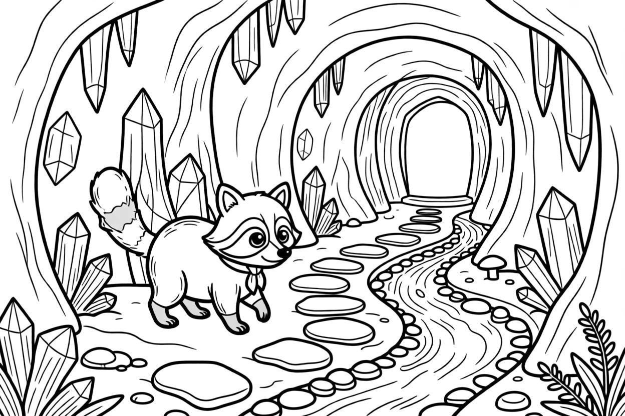 [Mystical Caves] A curious raccoon wanders past towering stalagmites deep inside a hidden cave. A small underground stream trickles past clusters of glittering mineral formations. A narrow stone path winds between rock formations toward a hidden underground chamber. Soft blue light glows from the crystals, filling the cavern with a magical shimmer.