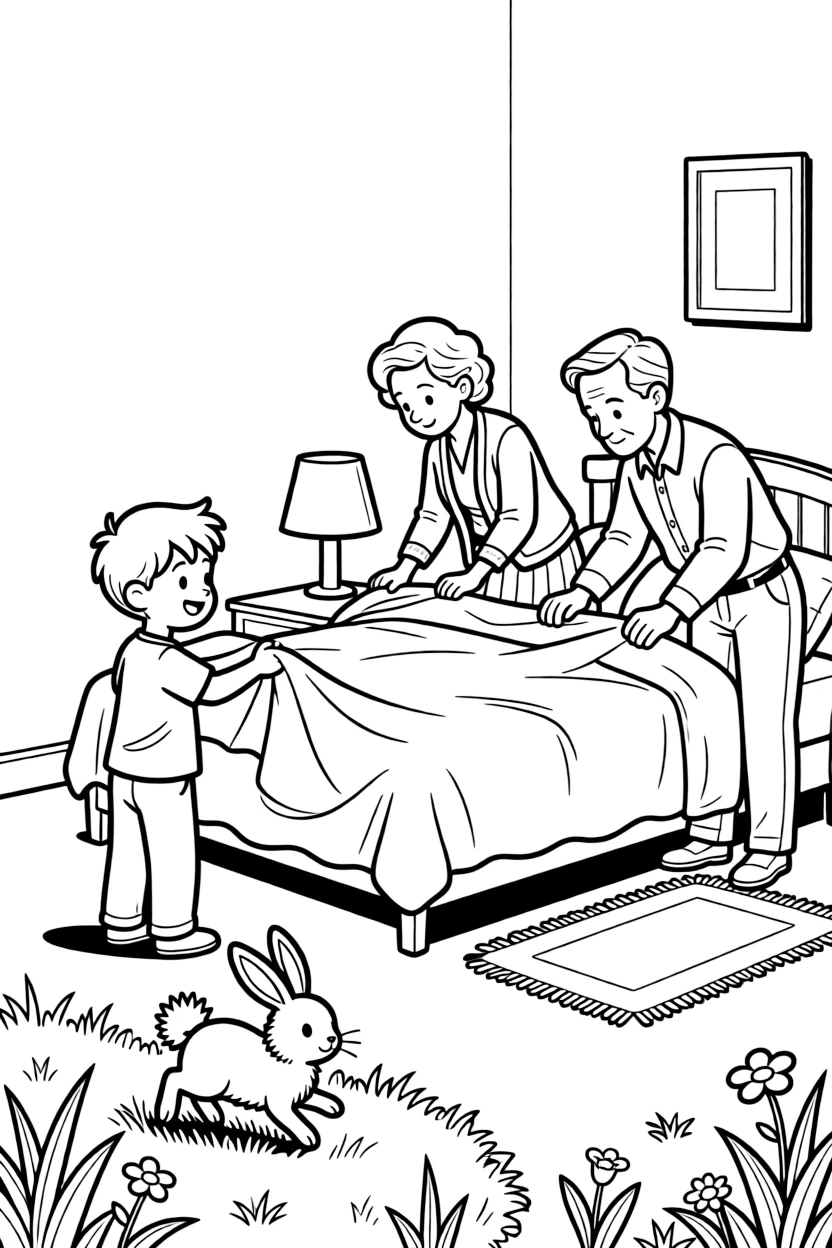 A preteen boy making the bed with both grandparents while a rabbit hops through the grass.
