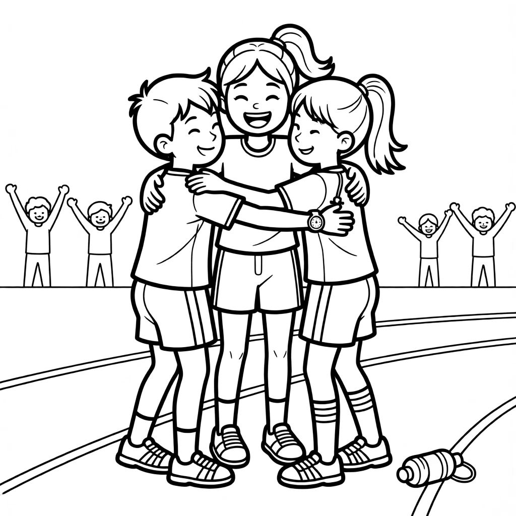 An energetic girl with a big smile, huddling with teammates to plan the running order before the race.