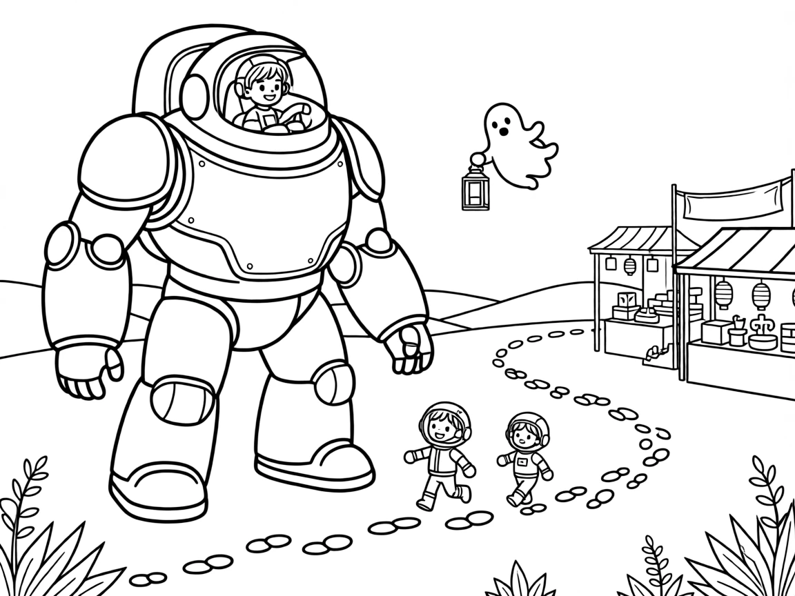 Young pilot Cosmo riding inside the friendly giant mech Solar Sentinel guiding a lantern-lit parade of robots through a night market in a meadow on a low-gravity moon where kids bounce instead of walk, as a trail of glowing footprints leading into the distance and a friendly ghost-like hologram guide floating alongside fill the scene.