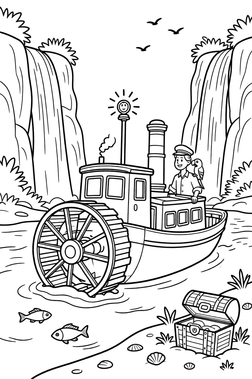 In this scene, a paddle-wheel riverboat drifting past a sandy riverbank is the star of a national park with towering waterfalls and rocky cliffs, joined by a parrot perched on the captain's shoulder, with a signal light blinking cheerfully and a treasure chest half-buried in the sand scattered throughout for kids to color.