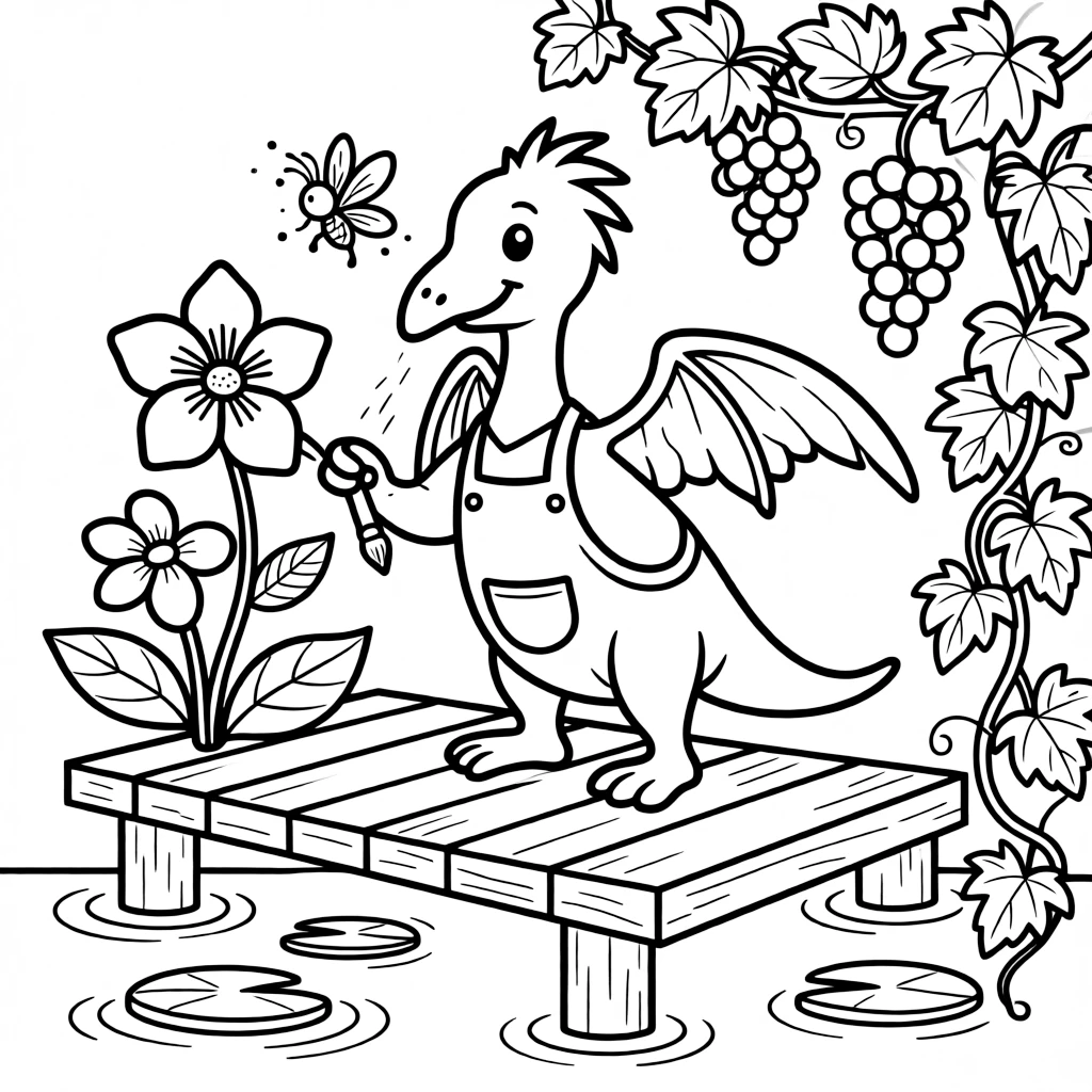 A pterodactyl painting flowers with a firefly on a wooden dock over a pond, near a vine of grapes.