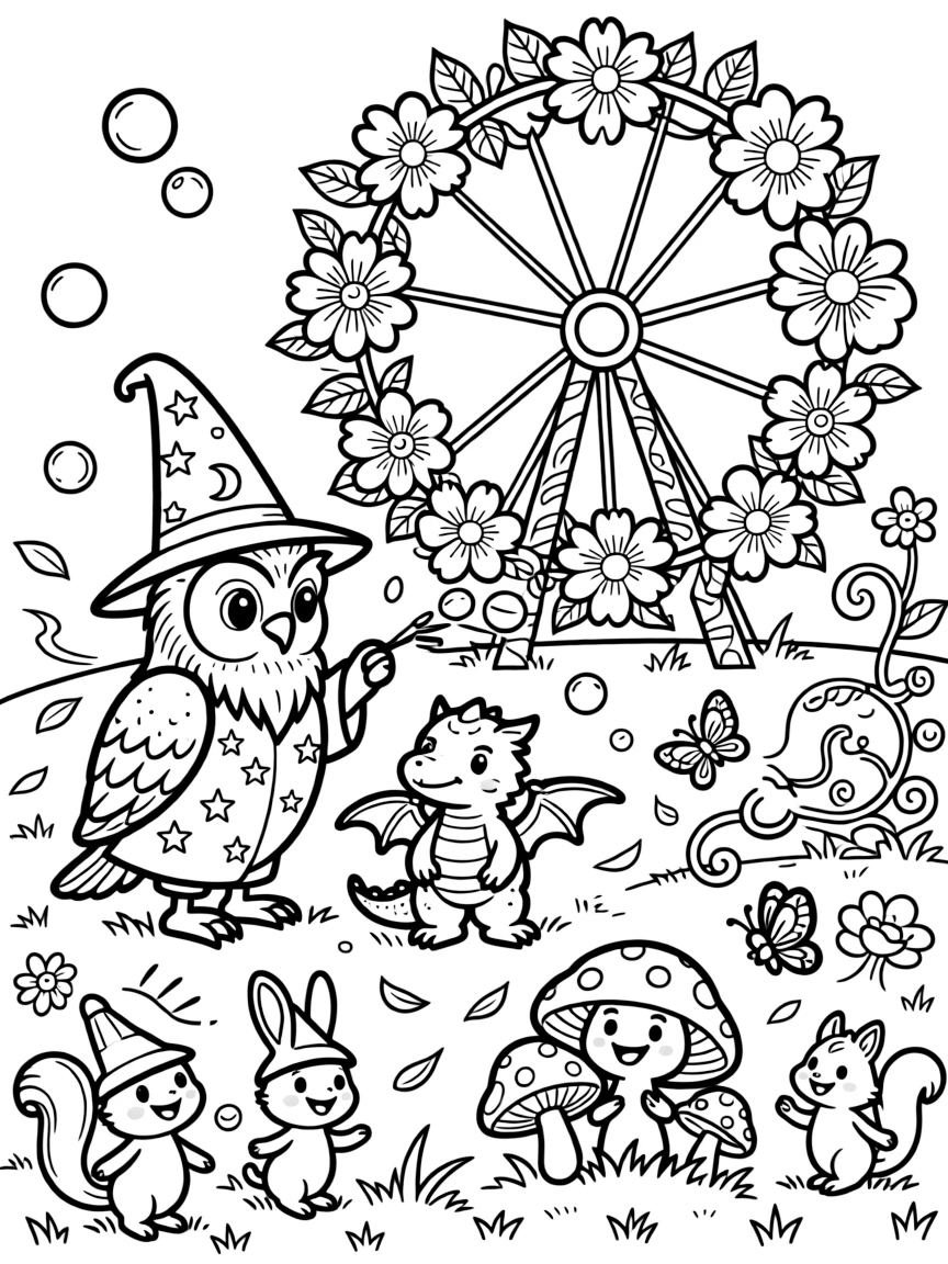 Bouncy and full of excitement, a snow owl wizard spends the day teaching a baby dragon to blow bubbles instead of fire at a carnival with a Ferris wheel made of flowers. Nearby, a cluster of giggling mushroom sprites adds to the fun. Every creature nearby wants to join in the fun.