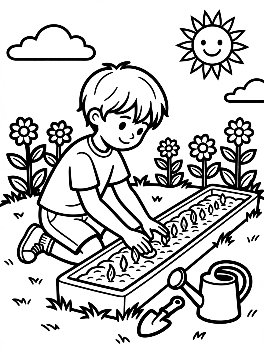 a gentle young boy plants a row of sunflower seeds in a garden bed, patting down the soil.