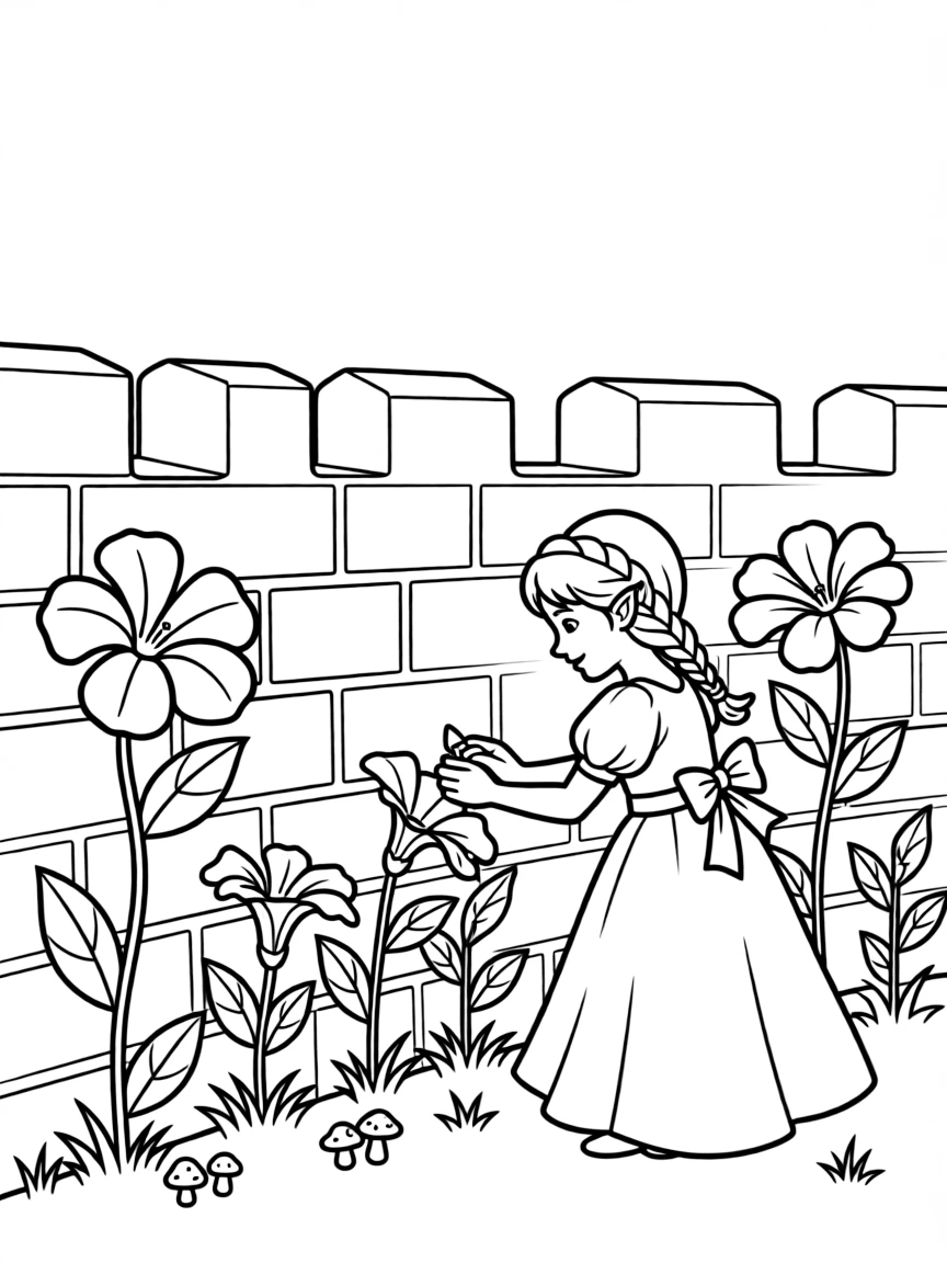 A young elf princess plants a row of moonflowers along the castle wall, each one blooming in a different glowing color.