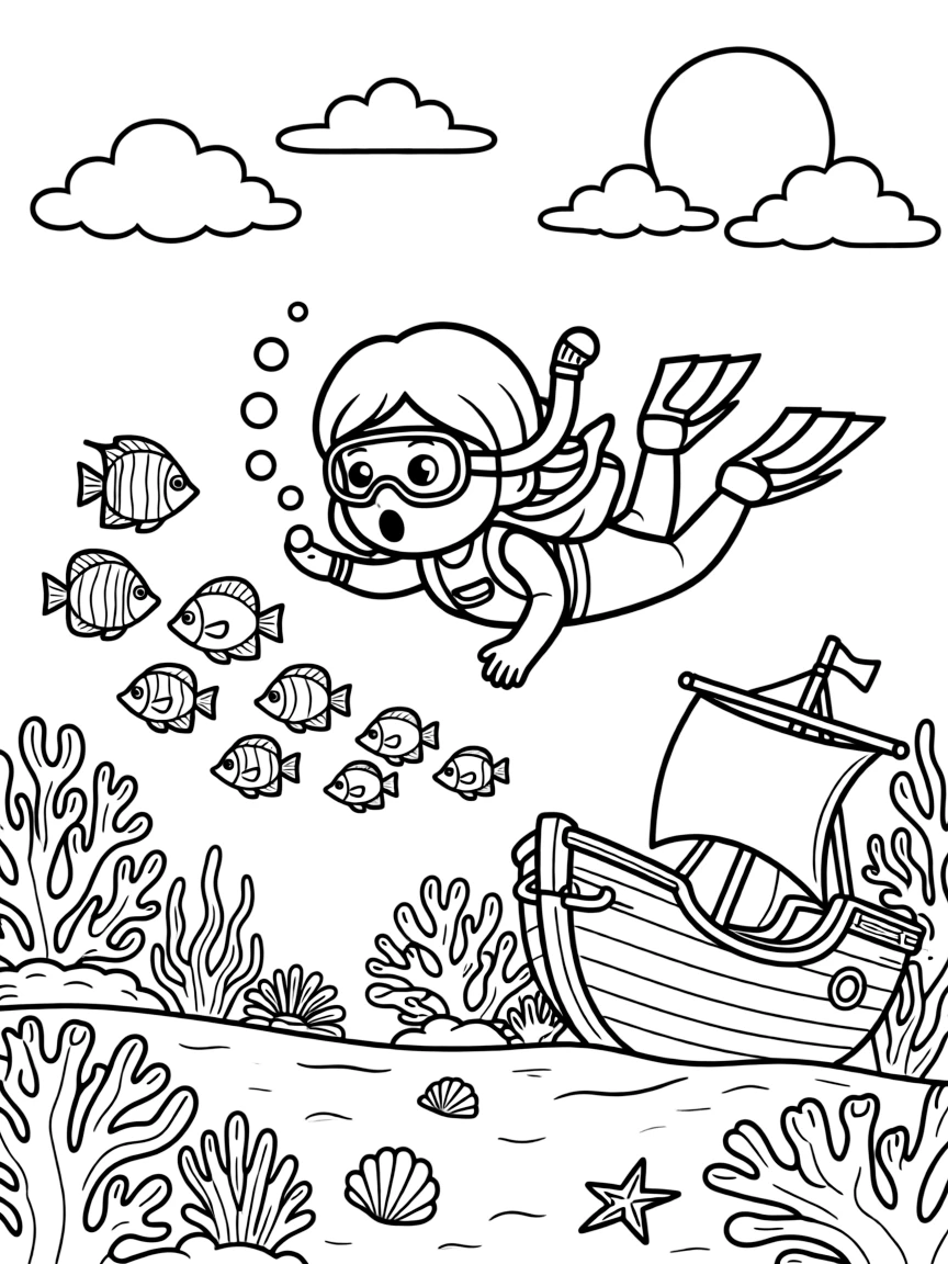 [Sea Creatures] a colorful school of tropical fish swimming alongside a diver near a sunken pirate ship, gasping in amazement, while colorful coral and anemones dot the seafloor fills the surrounding area. Coral formations add interesting shapes nearby. Set under a full moon, with fluffy clouds drifting overhead, the page bursts with adventure and imagination.