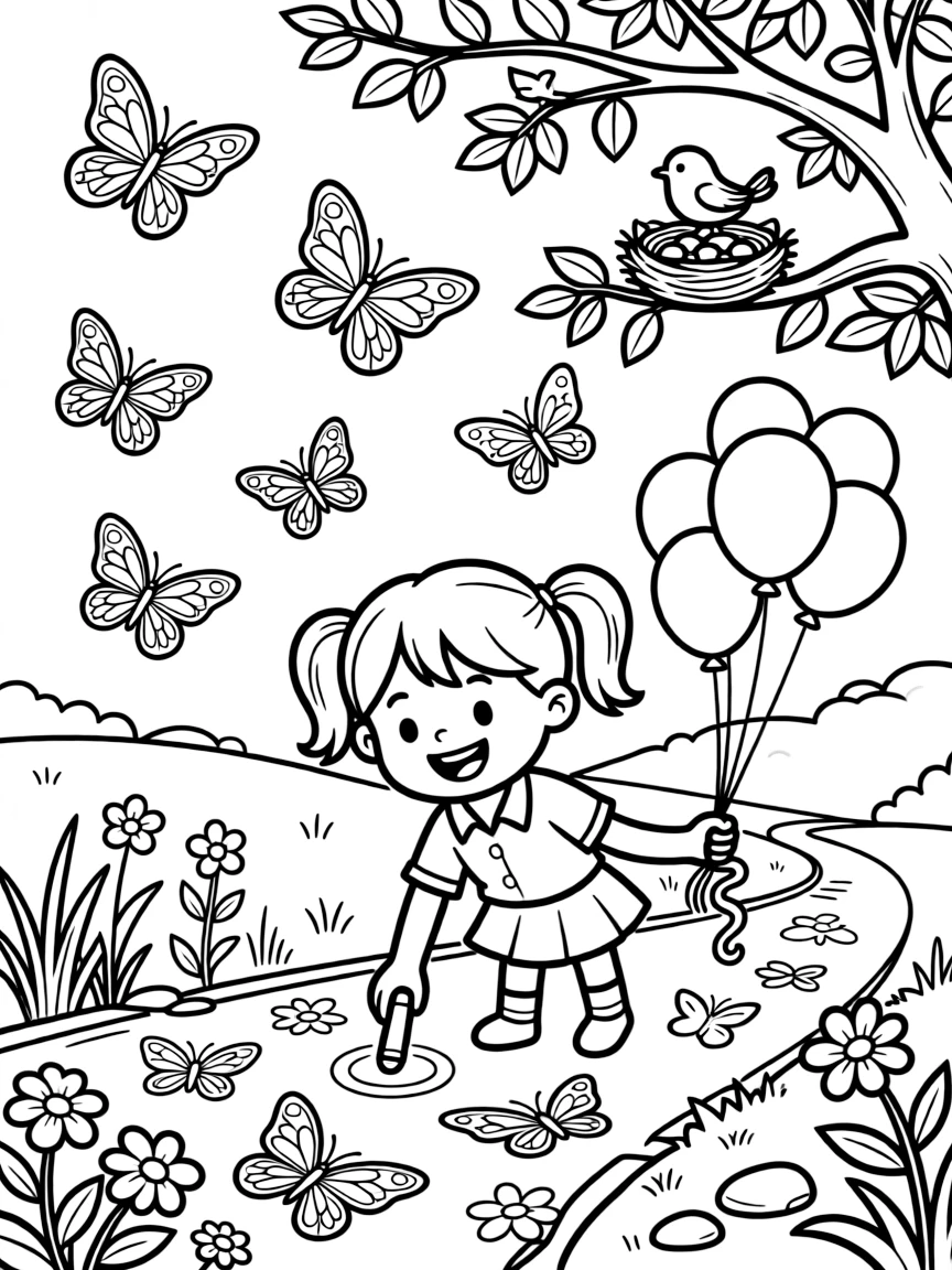 A cheerful little girl with pigtails and a gap-toothed smile is drawing with colorful chalk on the sidewalk in a butterfly conservatory full of fluttering wings. Close by, a cluster of bouncing balloons tied with ribbon and a tiny bird's nest tucked in a nearby branch bring the scene to life.