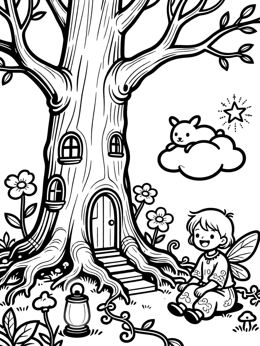 A fairy house built into the roots of an old tree in an enchanted garden where flowers glow like lanterns, with a grinning child playing close by amid a gentle cloud shaped like an animal and a shimmering star drifting nearby.