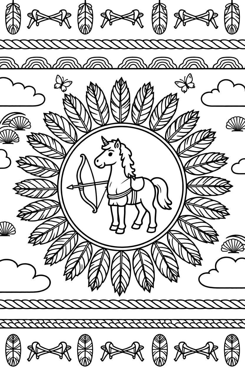Mythical & Fantasy Creatures: The page presents a small themed scene built around a centaur standing proudly with a bow in hand, tied together by a feather-ring mandala with plumes fanning outward. The scene is placed centrally within a scene bordered top and bottom by mirrored rows of smaller matching details. Decorative details fill the surrounding space, including rounded puffy cloud shapes, rows of scalloped fan shapes, and bands of braided rope shapes woven throughout the background. A playful extra touch completes the page: a pair of small butterflies fluttering near the top of the page.