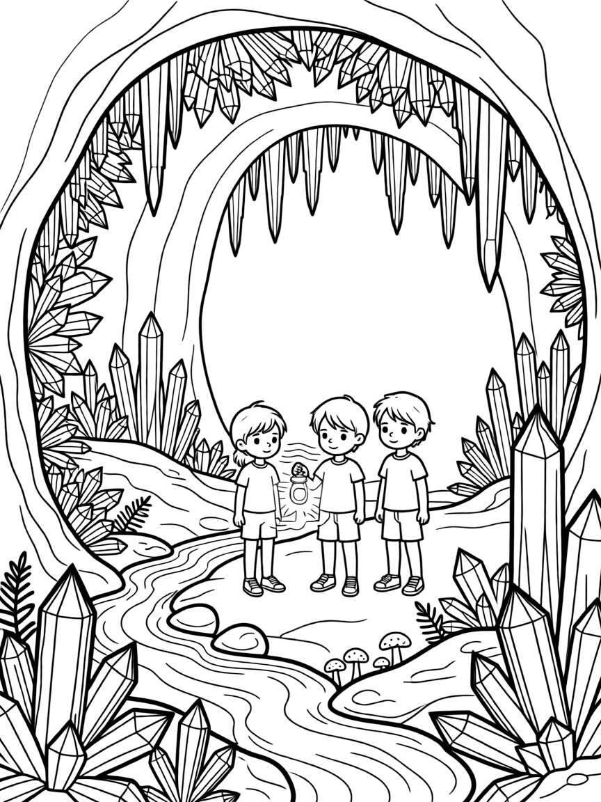 [Mystical Caves] A group of children discover a hidden cave filled with sparkling geode formations. A small underground stream trickles past clusters of glittering mineral formations. Towering stalactites and stalagmites form natural archways throughout the glittering cavern. Cool, still air fills the cave as lantern light flickers across the crystal walls.