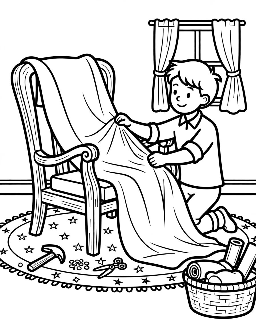 A upholsterer stretches new fabric over an old armchair frame.