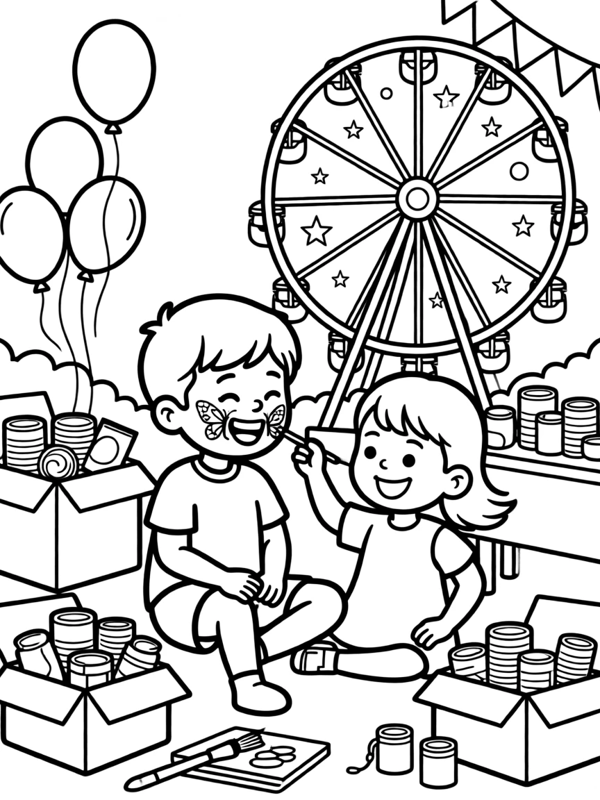 An older brother getting a face painted like a butterfly at a holiday food drive while a ferris wheel spins in the distance.