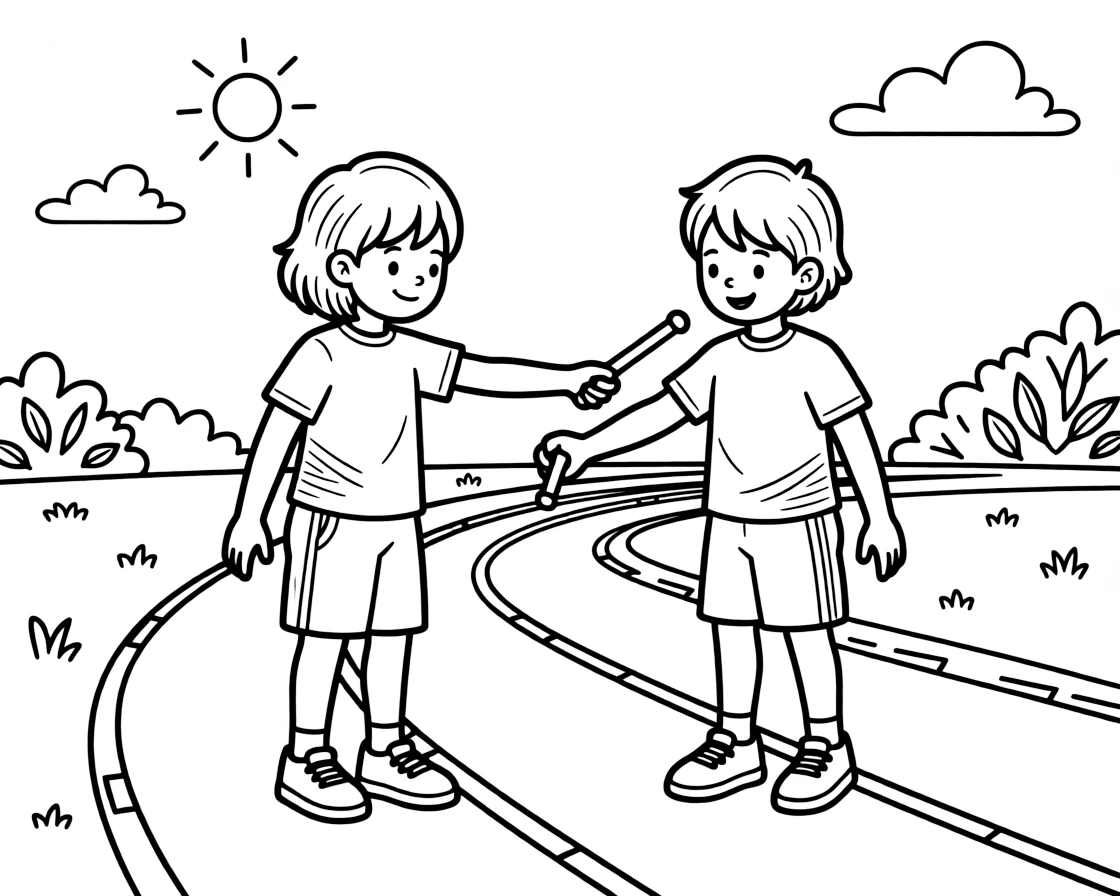 A pair of twin siblings, practicing baton handoffs in a straight line on a sunny track.