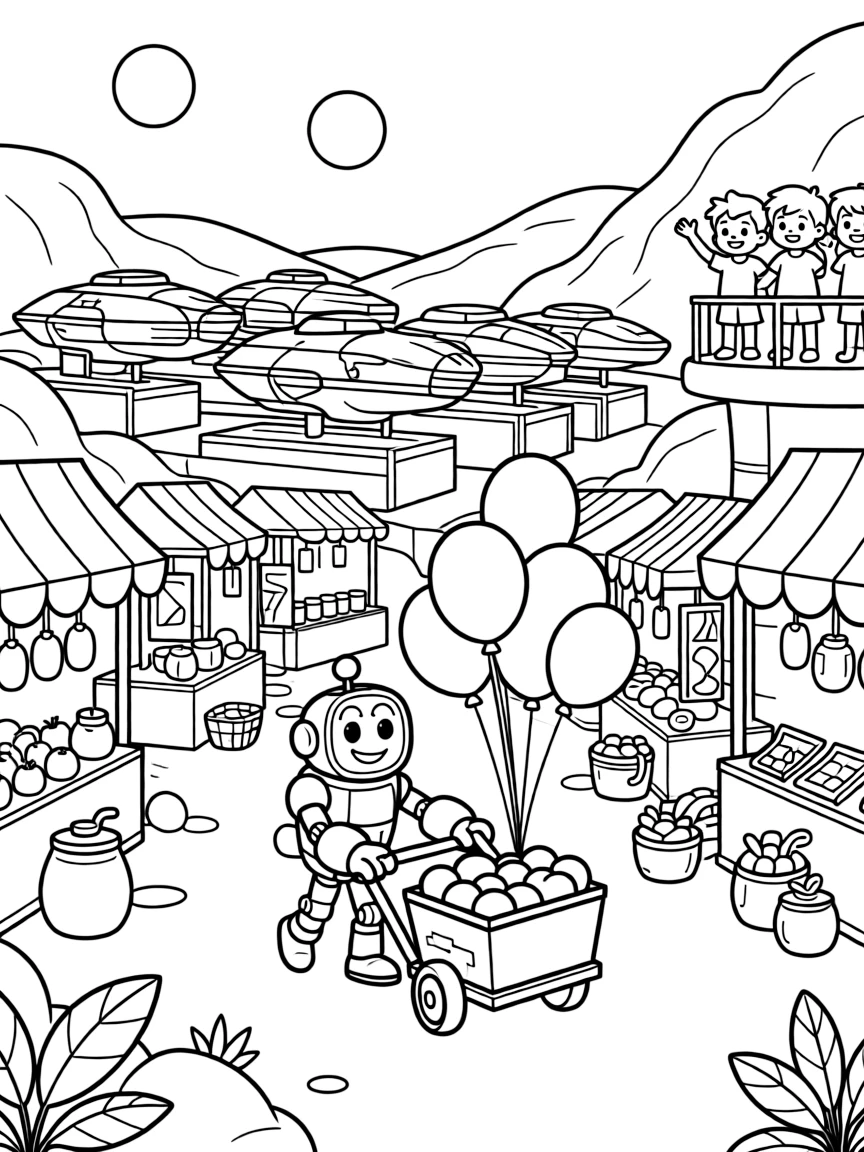 Clank, a cheerful helper robot guiding a runaway balloon cart through a busy cyber marketplace in a hidden valley on a distant planet ringed by twin moons, as a row of docked spaceships gleaming in the light and a group of kids waving from a nearby observation deck fill the scene.