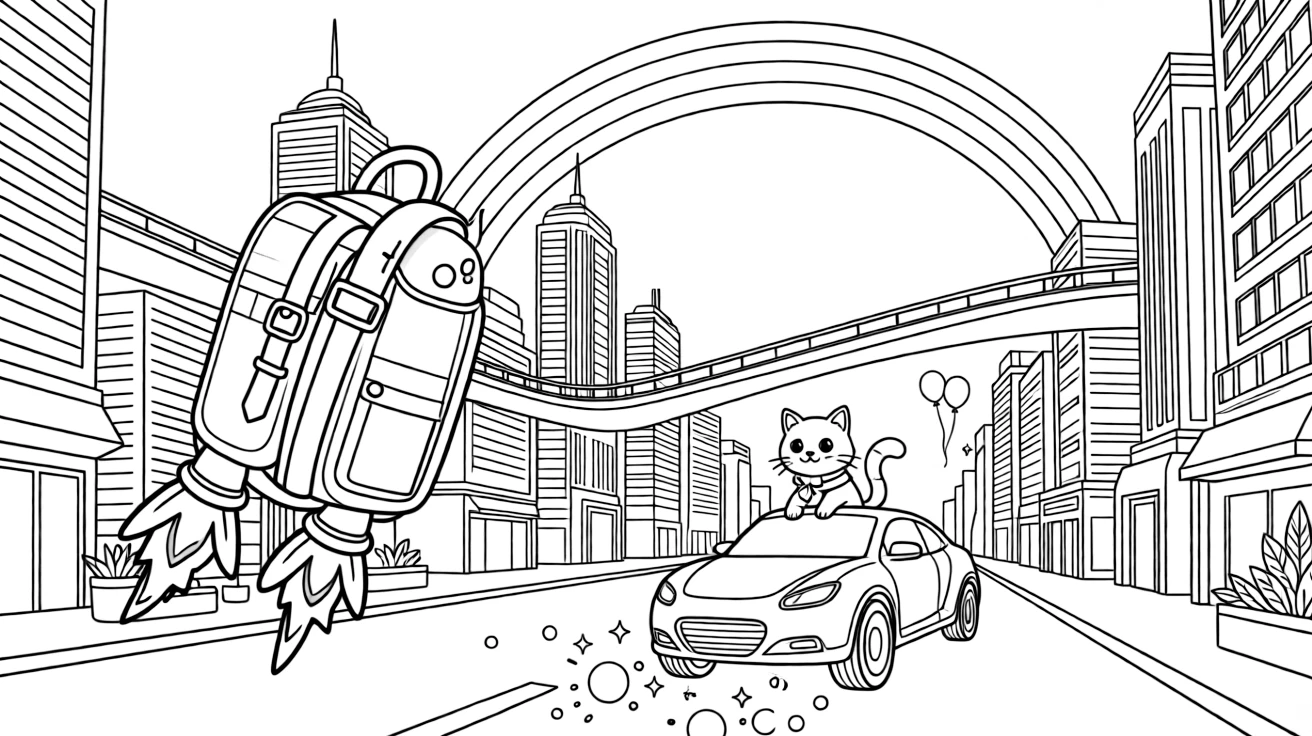 This page centers on a kid-sized jetpack backpack with little flame jets exploring a gleaming futuristic city skyline with towers and skywalks, featuring a curious cat perched on the hood and little extras like a bouncy trail of moon dust kicked up behind the wheels and a rainbow arching across the sky.