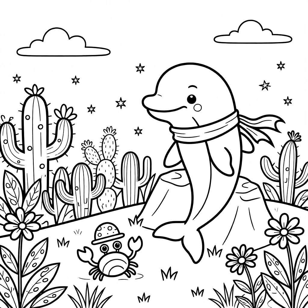A dolphin watching fireflies light up with a crab on a mountaintop meadow, near a cactus garden, as dewdrops sparkle on the leaves.