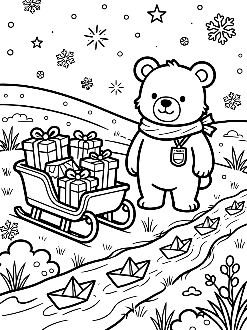 A playful bear cub camp counselor takes a break from adventures to try delivering presents from an overflowing sleigh in a meadow during the first snowfall of winter, with a fleet of tiny paper boats racing along close behind. Sparkles and stars fill the air with magic.