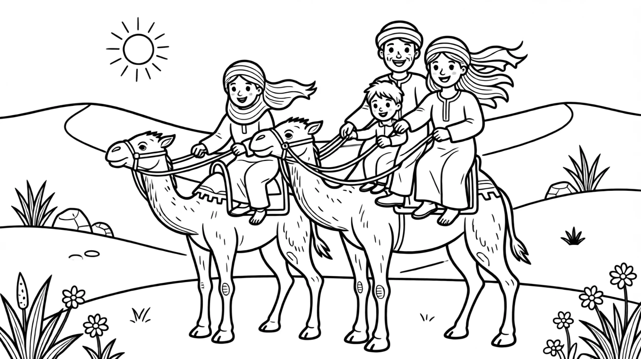 A coloring page of a heartwarming family scene in Tunisia showing a family riding camels near the Sahara's golden dunes, with everyone smiling and working together happily.