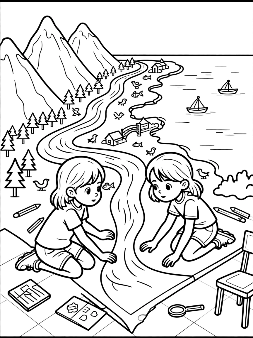 determined twin sisters trace a river's path on a large floor map from mountain to sea.