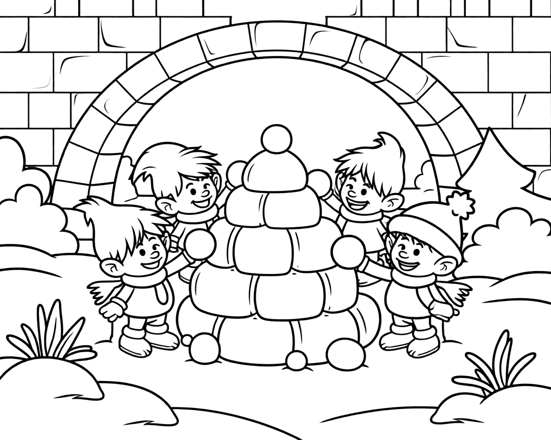 A troll family builds a snow fort beneath their bridge, giggling as they lob snowballs at each other.