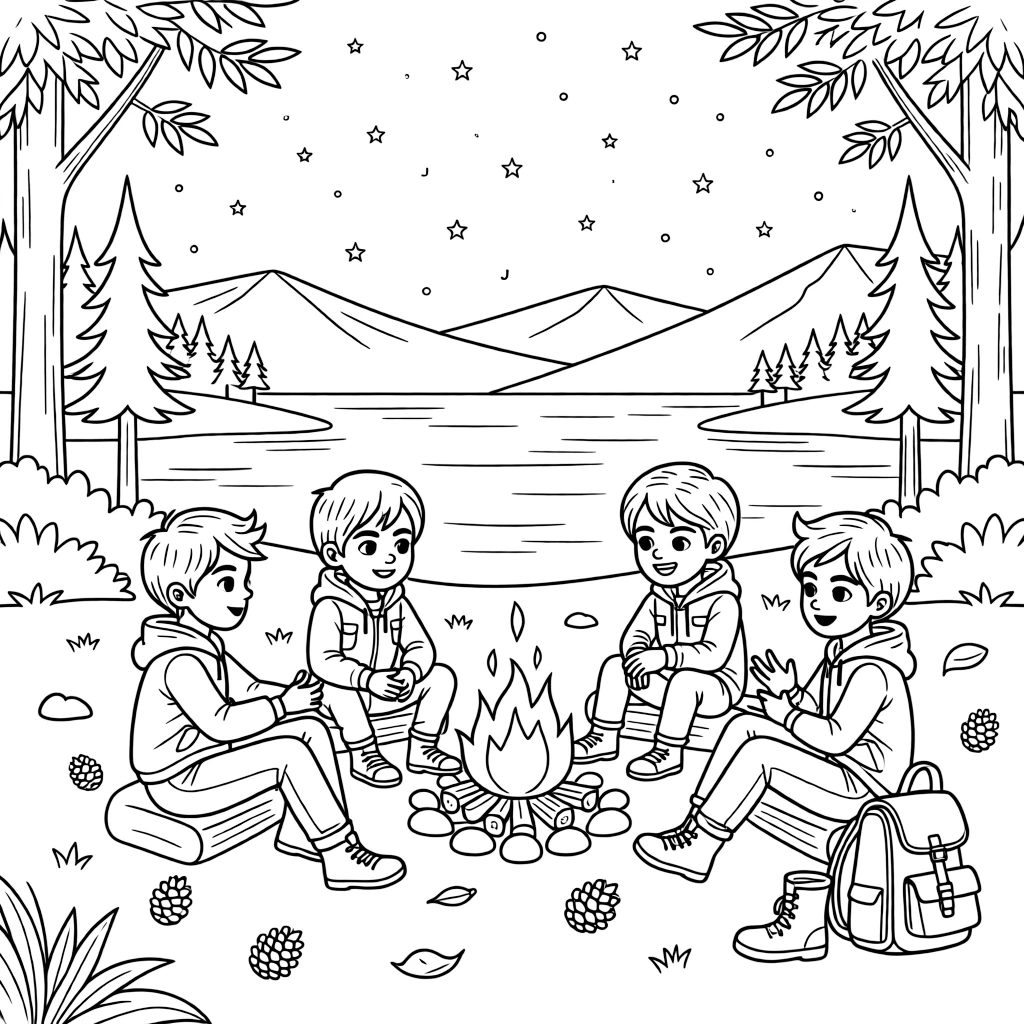 [Camping] a group of friends around a campfire telling stories beneath a starry sky beside a calm mountain lake, looking determined and brave, while pinecones and rocks dot the campsite fills the surrounding area. A backpack and hiking boots sit nearby. Set at sunrise, with autumn leaves swirling in the wind, the page bursts with adventure and imagination.