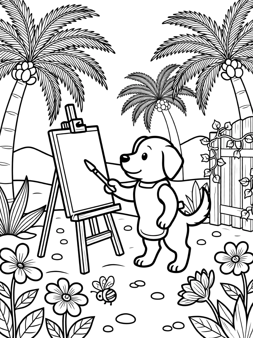A wagging-tailed puppy is painting a picture on a wooden easel at a desert oasis ringed with palm trees. All around, a curious bumblebee buzzing among the blooms and a garden gate covered in climbing ivy complete the joyful scene.