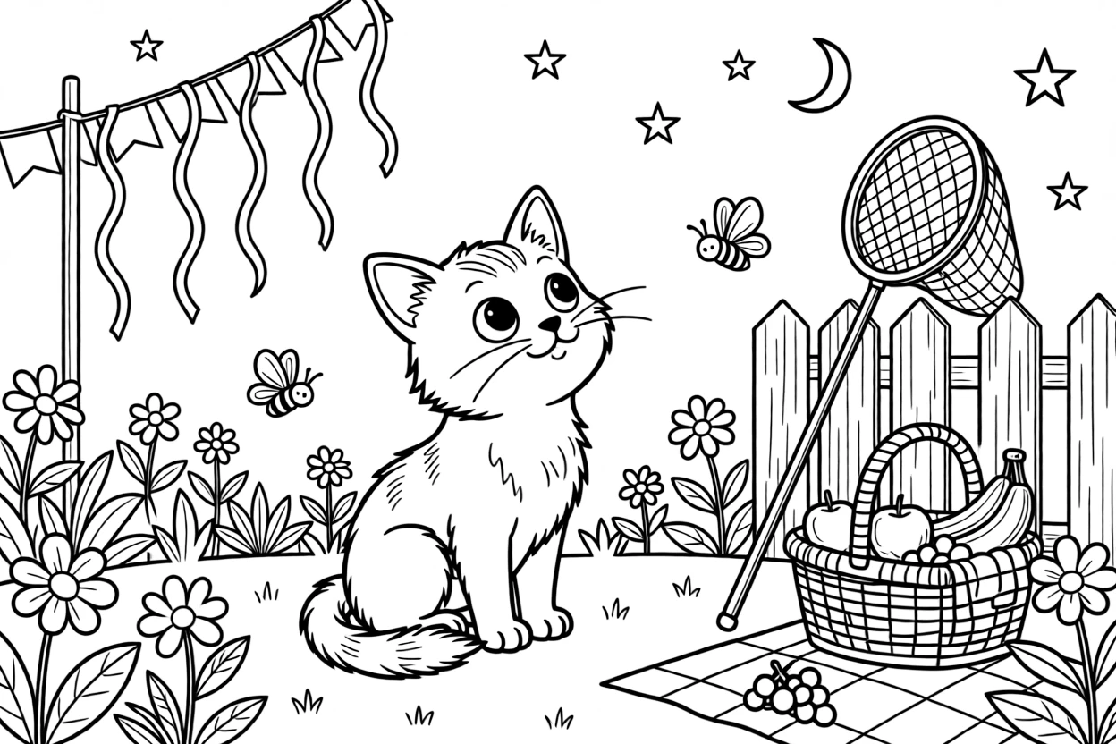 A curious kitten admiring a night sky festival with paper streamers in a garden buzzing with bees and butterflies, near a picnic basket packed with fruit and a butterfly net leaning on a fence.