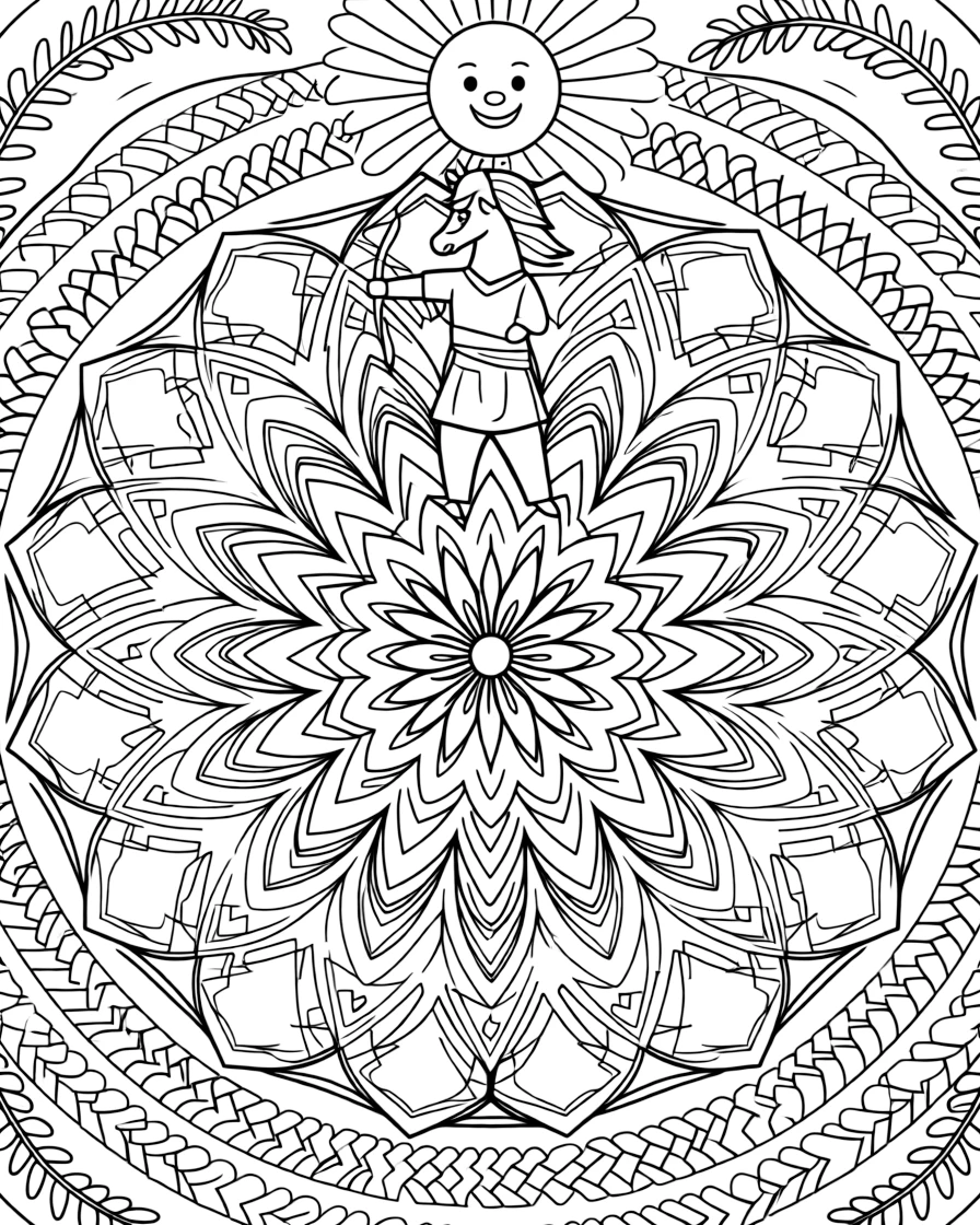 Mythical & Fantasy Creatures: The design turns a centaur standing proudly with a bow in hand into a kaleidoscope-style composition anchored by a blooming flower-shaped mandala with layered petal rings. The imagery is broken into repeating fragments that spin outward from the center in a kaleidoscope-style circle of matching wedges. Decorative details fill the surrounding space, including curling fern-frond shapes, ribbons folded into gentle zigzags, and rows of arrow-shaped chevrons woven throughout the background. A playful extra touch completes the page: a friendly round sun peeking in from behind the top edge.