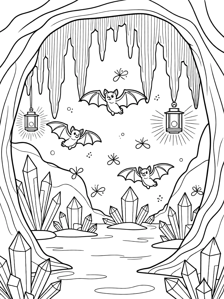 [Mystical Caves] A friendly bat colony flutters gently through a cavern lit by glowing blue crystals. Fireflies drift near the cave entrance, their light mixing with glowing crystals inside. Towering stalactites and stalagmites form natural archways throughout the glittering cavern. Cool, still air fills the cave as lantern light flickers across the crystal walls.
